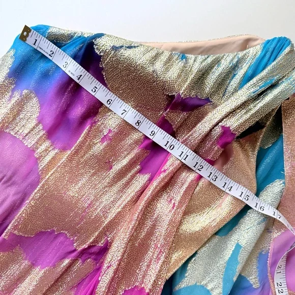 Halston Nisa Gown Printed Fil Coupe Fuschia Turquoise Gold One-Shoulder Dress 4 - Picture 13 of 16